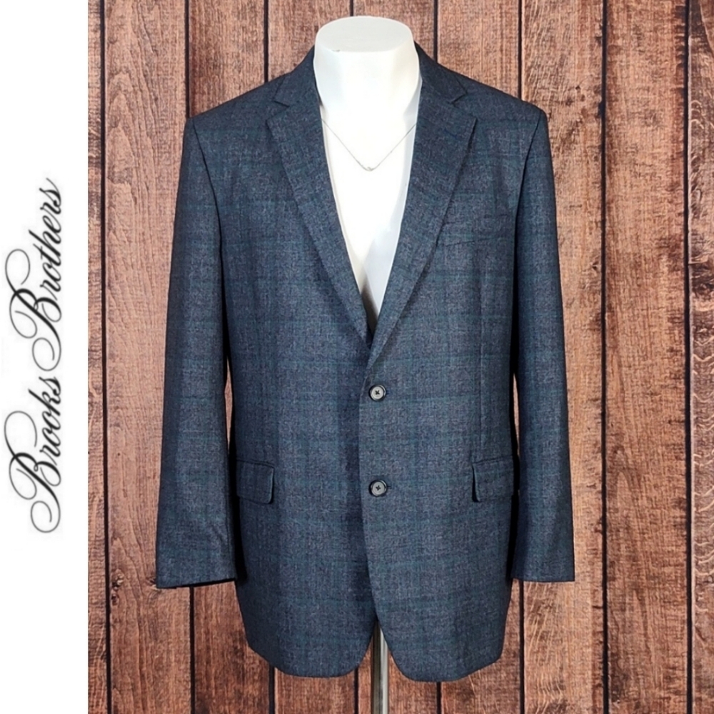 Brooks Brothers Italian Wool Cashmere Green Window Pane Blue Regent Mens Blazer